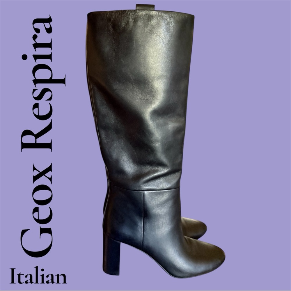 Geox Black Luxury, Italian Leather, Knee-High Block Heel Boots. Size 9.5 EUC!